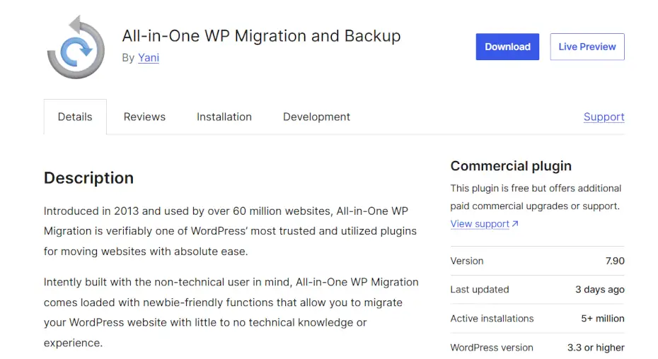 All in One WP Migration and Backup Plugin Preview from WordPress Plugin Directory Preview - Modernizing Tech